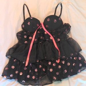 NWT Black Mesh and Pink Sequin Babydoll Teddy